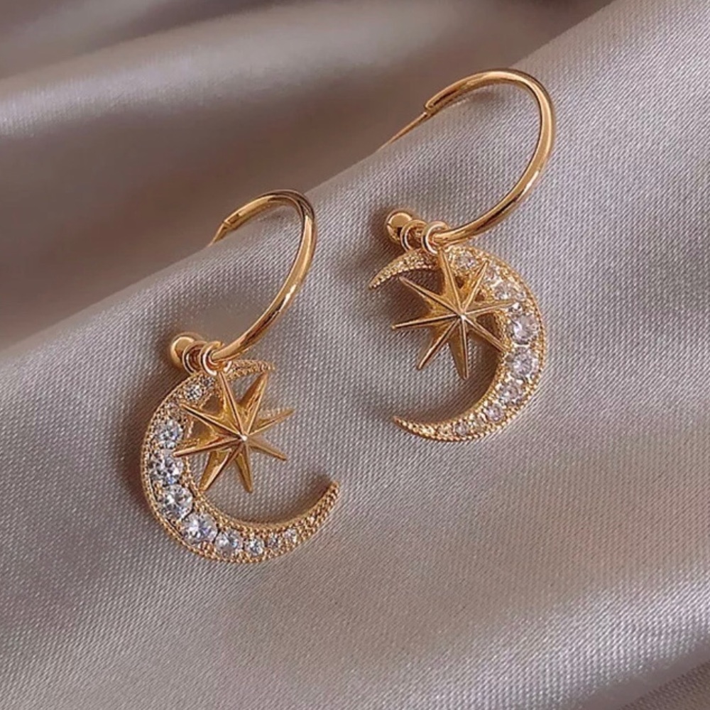 Gold Rhinestone Moon & Star Dangle Earrings